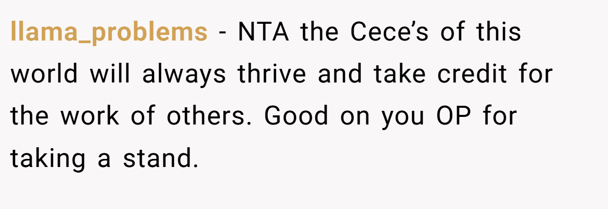 llama_problems − NTA the Cece’s of this world will always thrive and take credit for the work of others. Good on you OP for taking a stand.