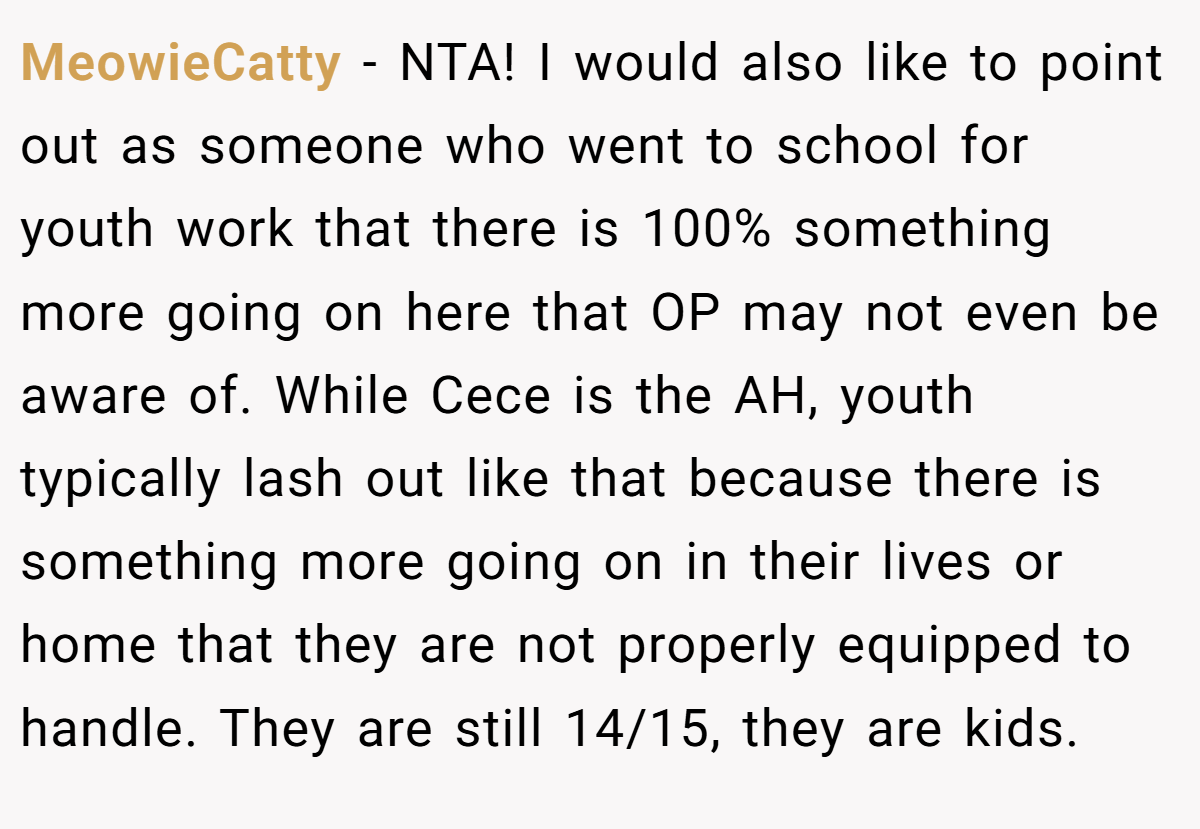 MeowieCatty − NTA! I would also like to point out as someone who went to school for youth work that there is 100% something more going on here that OP may not even be aware of. While Cece is the AH, youth typically lash out like that because there is something more going on in their lives or home that they are not properly equipped to handle. They are still 14/15, they are kids.