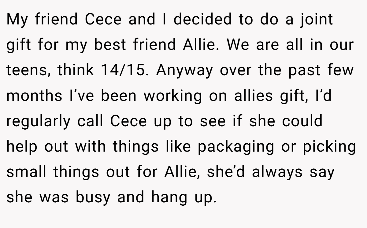 My friend Cece and I decided to do a joint gift for my best friend Allie. We are all in our teens, think 14/15. Anyway over the past few months I’ve been working on allies gift, I’d regularly call Cece up to see if she could help out with things like packaging or picking small things out for Allie, she’d always say she was busy and hang up.
