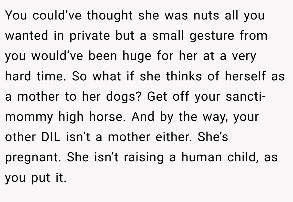 You could’ve thought she was nuts all you wanted in private but a small gesture from you would’ve been huge for her at a very hard time. So what if she thinks of herself as a mother to her dogs? Get off your sancti-mommy high horse. And by the way, your other DIL isn’t a mother either. She’s pregnant. She isn’t raising a human child, as you put it.