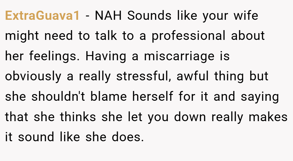 ExtraGuava1 − NAH Sounds like your wife might need to talk to a professional about her feelings. Having a miscarriage is obviously a really stressful, awful thing but she shouldn't blame herself for it and saying that she thinks she let you down really makes it sound like she does.