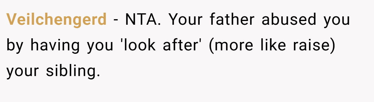 Veilchengerd − NTA. Your father abused you by having you 'look after' (more like raise) your sibling.