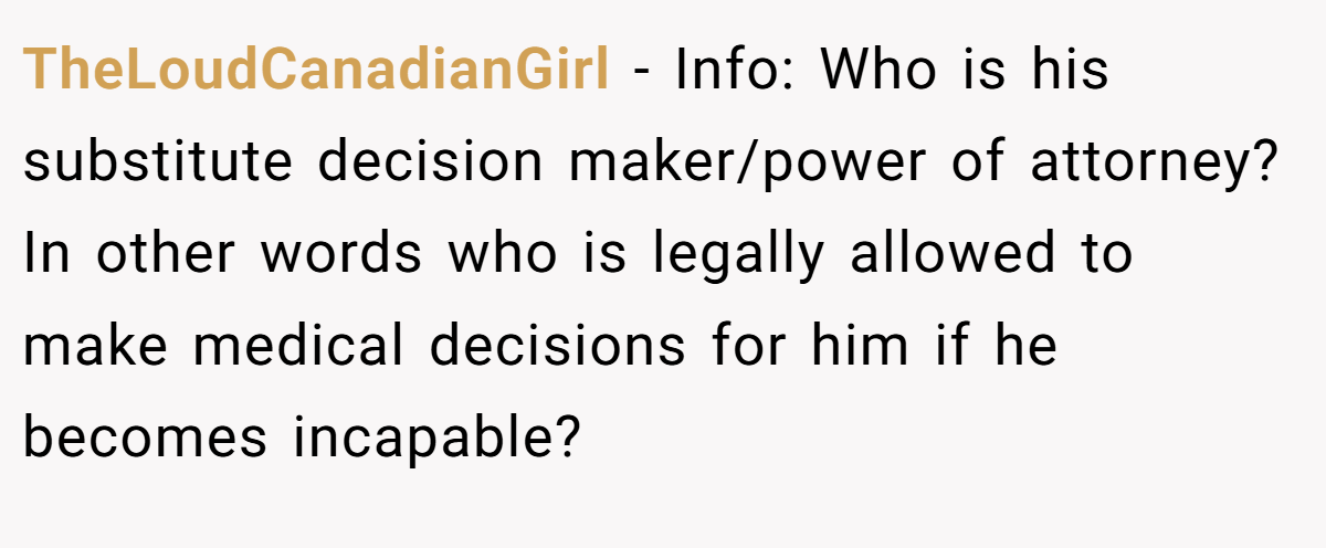 TheLoudCanadianGirl − Info: Who is his substitute decision maker/power of attorney? In other words who is legally allowed to make medical decisions for him if he becomes incapable?