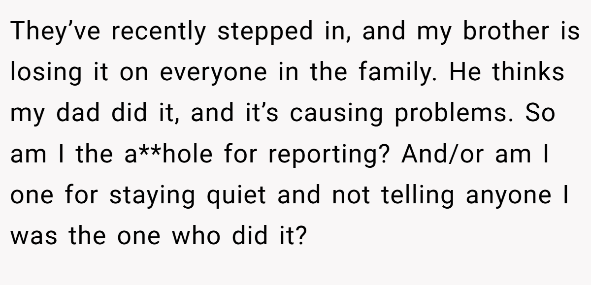 They’ve recently stepped in, and my brother is losing it on everyone in the family. He thinks my dad did it, and it’s causing problems. So am I the a**hole for reporting? And/or am I one for staying quiet and not telling anyone I was the one who did it?