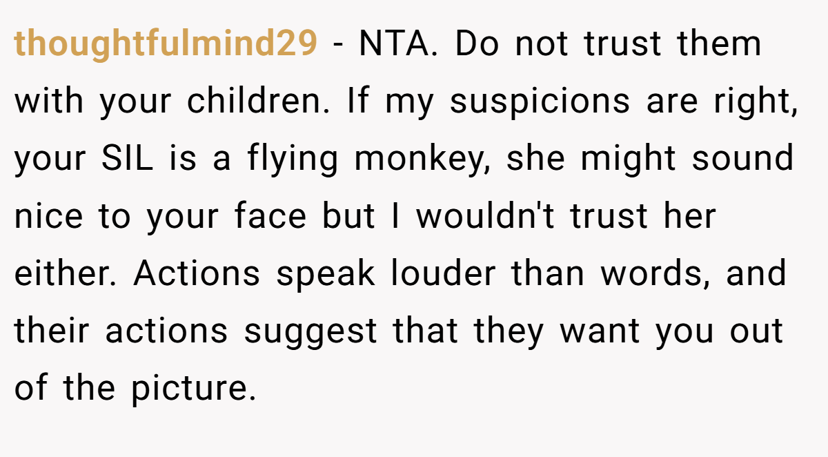 thoughtfulmind29 − NTA. Do not trust them with your children. If my suspicions are right, your SIL is a flying monkey, she might sound nice to your face but I wouldn't trust her either. Actions speak louder than words, and their actions suggest that they want you out of the picture.