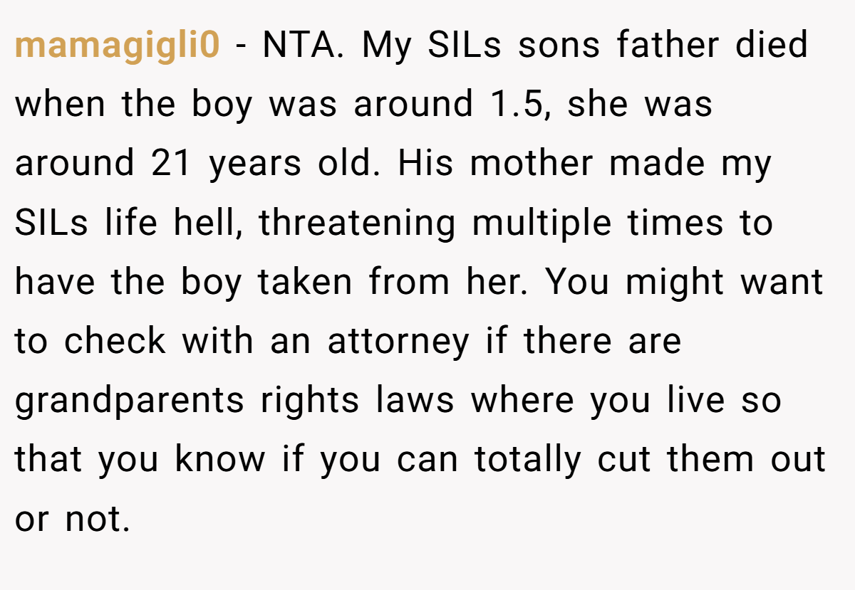 mamagigli0 − NTA. My SILs sons father died when the boy was around 1.5, she was around 21 years old. His mother made my SILs life hell, threatening multiple times to have the boy taken from her. You might want to check with an attorney if there are grandparents rights laws where you live so that you know if you can totally cut them out or not.