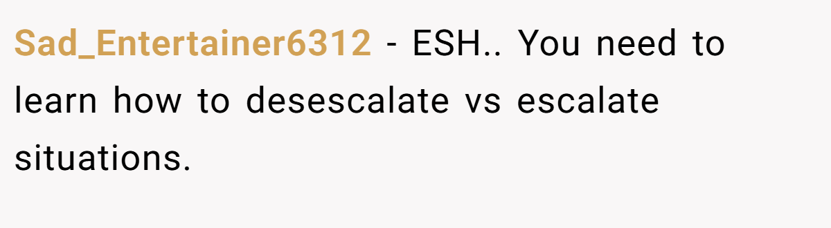 Sad_Entertainer6312 − ESH.. You need to learn how to desescalate vs escalate situations.
