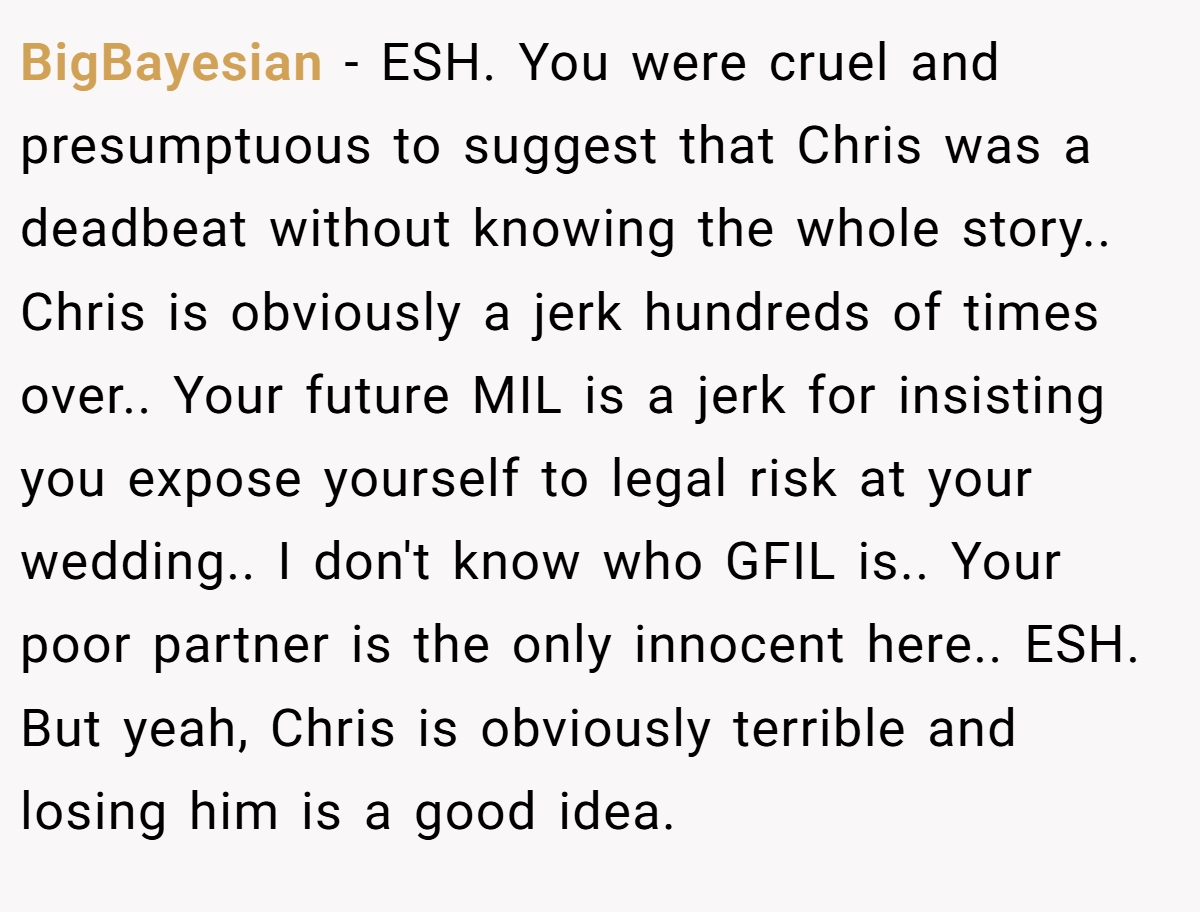 BigBayesian − ESH. You were cruel and presumptuous to suggest that Chris was a deadbeat without knowing the whole story.. Chris is obviously a jerk hundreds of times over.. Your future MIL is a jerk for insisting you expose yourself to legal risk at your wedding.. I don't know who GFIL is.. Your poor partner is the only innocent here.. ESH. But yeah, Chris is obviously terrible and losing him is a good idea.