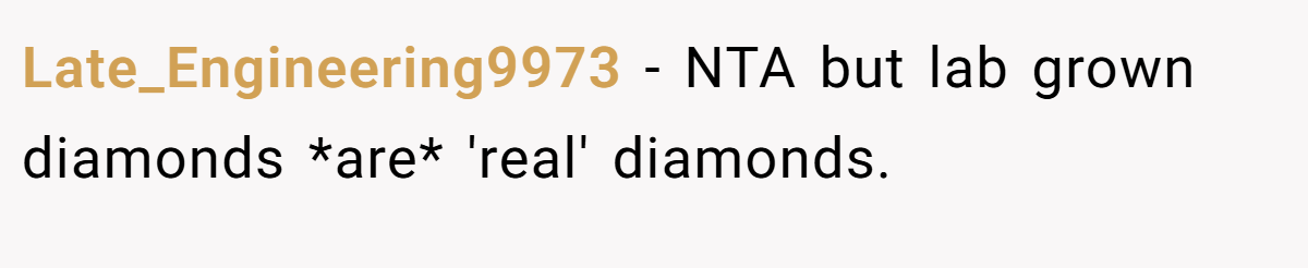 Late_Engineering9973 − NTA but lab grown diamonds *are* 'real' diamonds.