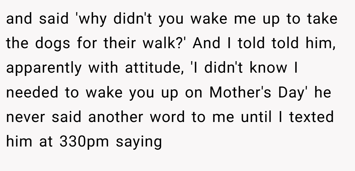 and said 'why didn't you wake me up to take the dogs for their walk?' And I told told him, apparently with attitude, 'I didn't know I needed to wake you up on Mother's Day' he never said another word to me until I texted him at 330pm saying