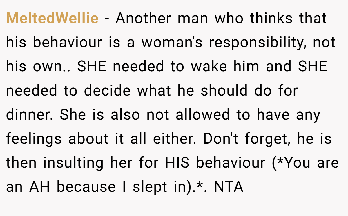 MeltedWellie − Another man who thinks that his behaviour is a woman's responsibility, not his own.. SHE needed to wake him and SHE needed to decide what he should do for dinner. She is also not allowed to have any feelings about it all either. Don't forget, he is then insulting her for HIS behaviour (*You are an AH because I slept in).*. NTA