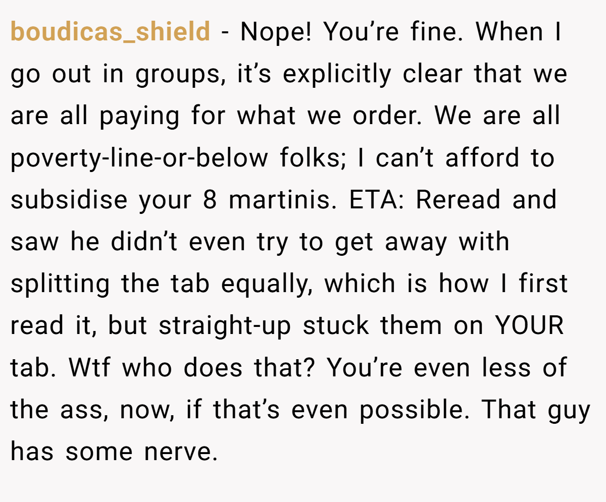 boudicas_shield − Nope! You’re fine. When I go out in groups, it’s explicitly clear that we are all paying for what we order. We are all poverty-line-or-below folks; I can’t afford to subsidise your 8 martinis. ETA: Reread and saw he didn’t even try to get away with splitting the tab equally, which is how I first read it, but straight-up stuck them on YOUR tab. Wtf who does that? You’re even less of the ass, now, if that’s even possible. That guy has some nerve.