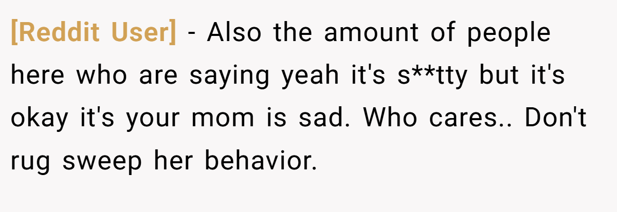[Reddit User] - Also the amount of people here who are saying yeah it's s**tty but it's okay it's your mom is sad. Who cares.. Don't rug sweep her behavior.