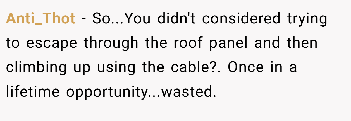 Anti_Thot − So...You didn't considered trying to escape through the roof panel and then climbing up using the cable?. Once in a lifetime opportunity...wasted.