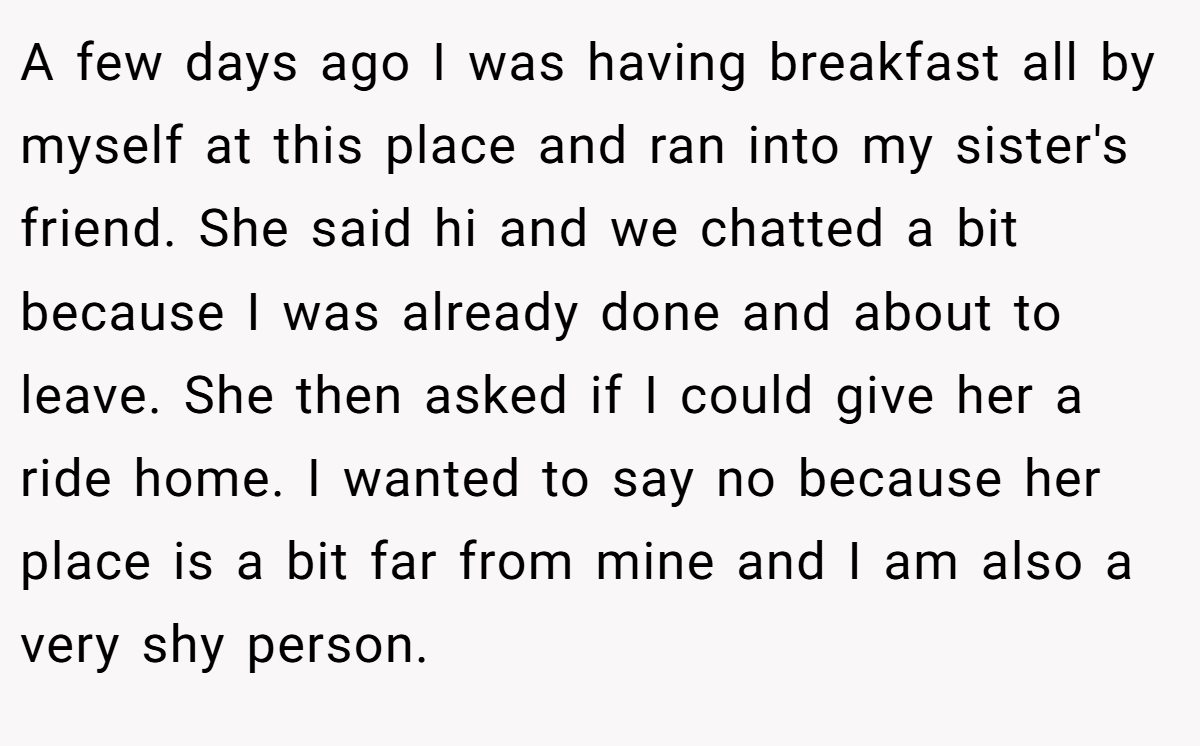 A few days ago I was having breakfast all by myself at this place and ran into my sister's friend. She said hi and we chatted a bit because I was already done and about to leave. She then asked if I could give her a ride home. I wanted to say no because her place is a bit far from mine and I am also a very shy person.