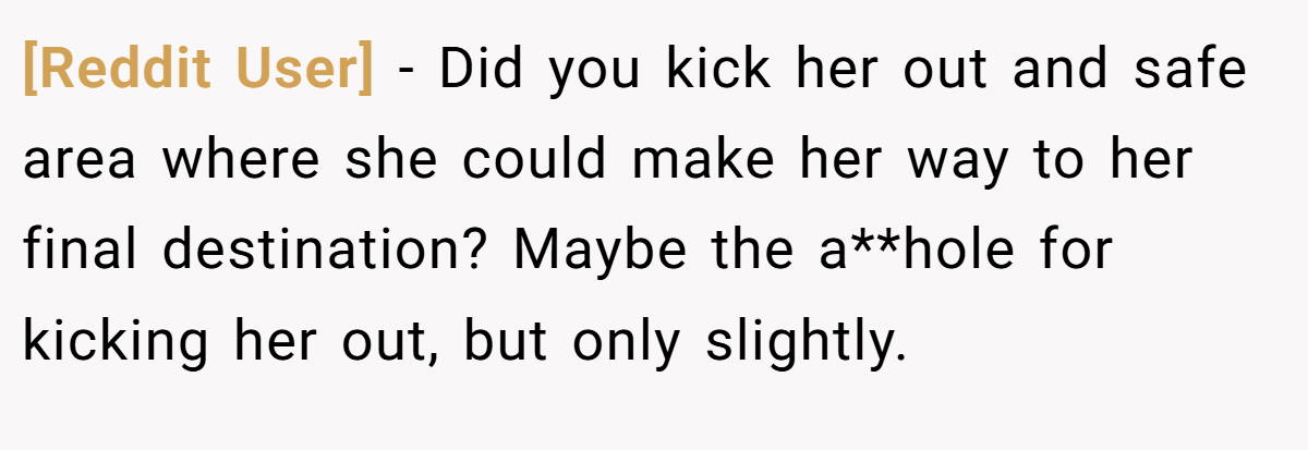 [Reddit User] - Did you kick her out and safe area where she could make her way to her final destination? Maybe the a**hole for kicking her out, but only slightly.