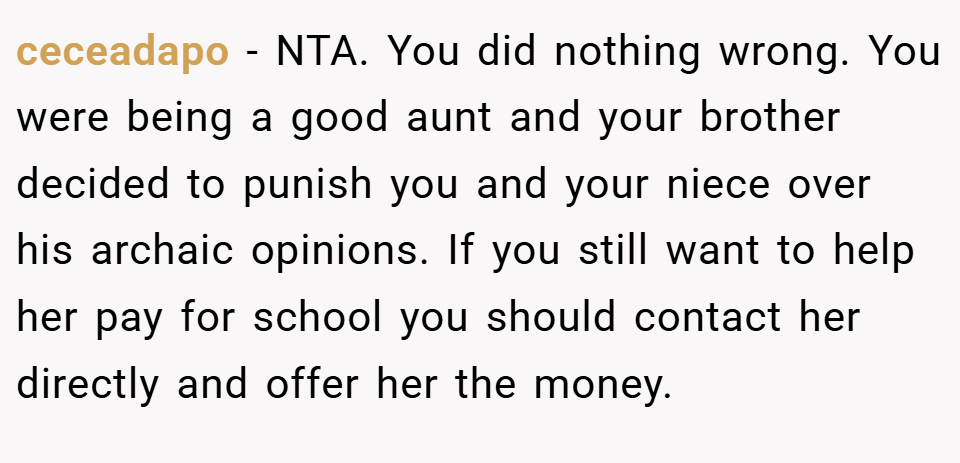 ceceadapo − NTA. You did nothing wrong. You were being a good aunt and your brother decided to punish you and your niece over his archaic opinions. If you still want to help her pay for school you should contact her directly and offer her the money.