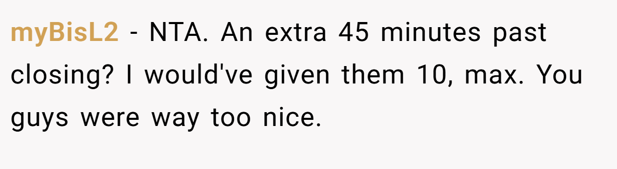 myBisL2 − NTA. An extra 45 minutes past closing? I would've given them 10, max. You guys were way too nice.