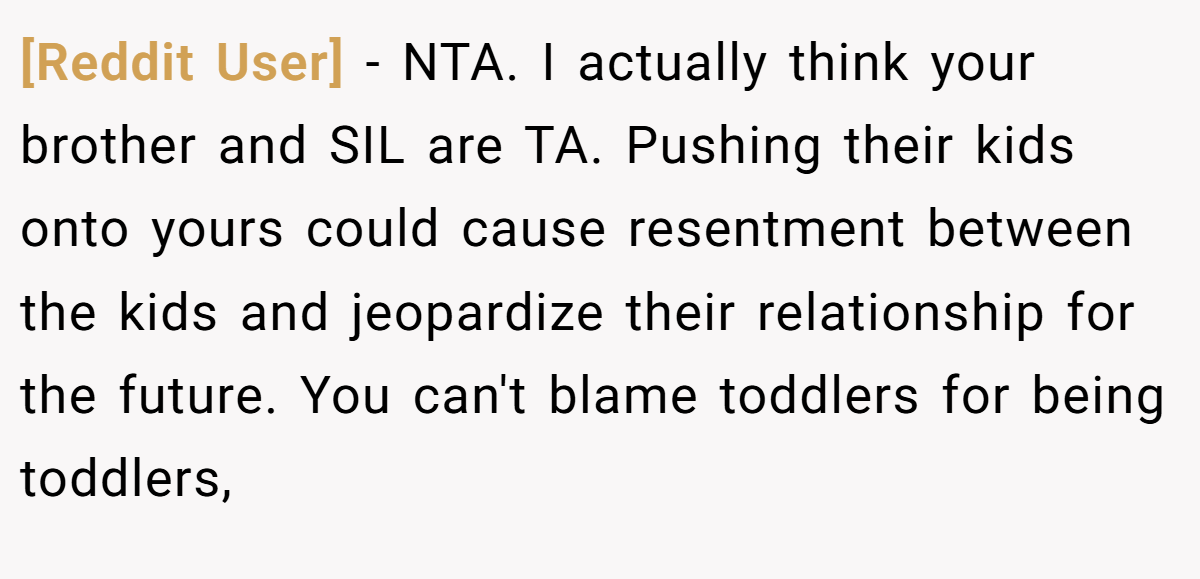 [Reddit User] − NTA. I actually think your brother and SIL are TA. Pushing their kids onto yours could cause resentment between the kids and jeopardize their relationship for the future. You can't blame toddlers for being toddlers,