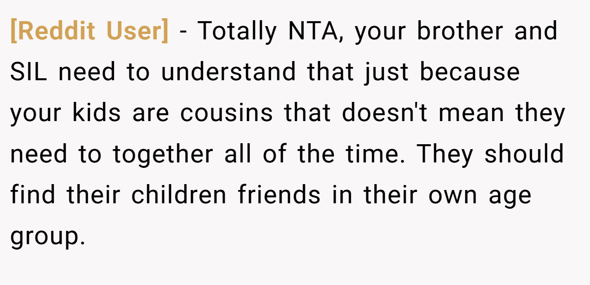 [Reddit User] − Totally NTA, your brother and SIL need to understand that just because your kids are cousins that doesn't mean they need to together all of the time. They should find their children friends in their own age group.