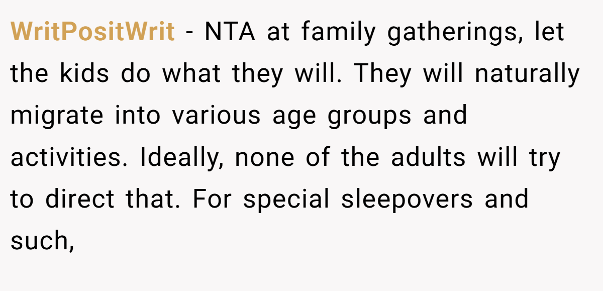WritPositWrit − NTA at family gatherings, let the kids do what they will. They will naturally migrate into various age groups and activities. Ideally, none of the adults will try to direct that. For special sleepovers and such,