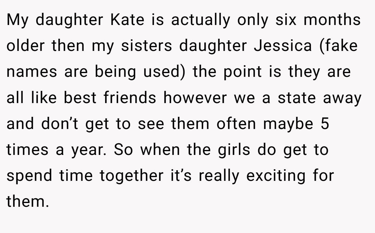 My daughter Kate is actually only six months older then my sisters daughter Jessica (fake names are being used) the point is they are all like best friends however we a state away and don’t get to see them often maybe 5 times a year. So when the girls do get to spend time together it’s really exciting for them.