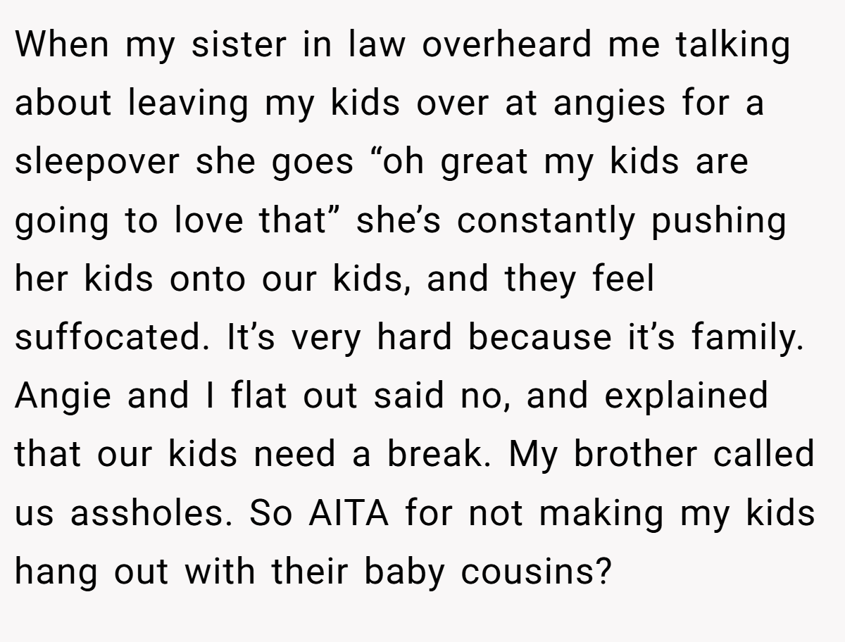 When my sister in law overheard me talking about leaving my kids over at angies for a sleepover she goes “oh great my kids are going to love that” she’s constantly pushing her kids onto our kids, and they feel suffocated. It’s very hard because it’s family. Angie and I flat out said no, and explained that our kids need a break. My brother called us assholes. So AITA for not making my kids hang out with their baby cousins?