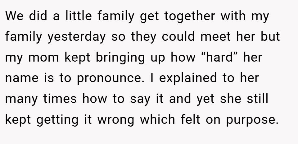We did a little family get together with my family yesterday so they could meet her but my mom kept bringing up how “hard” her name is to pronounce. I explained to her many times how to say it and yet she still kept getting it wrong which felt on purpose.