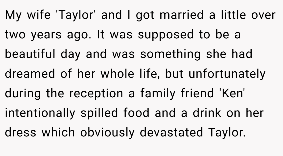My wife 'Taylor' and I got married a little over two years ago. It was supposed to be a beautiful day and was something she had dreamed of her whole life, but unfortunately during the reception a family friend 'Ken' intentionally spilled food and a drink on her dress which obviously devastated Taylor.
