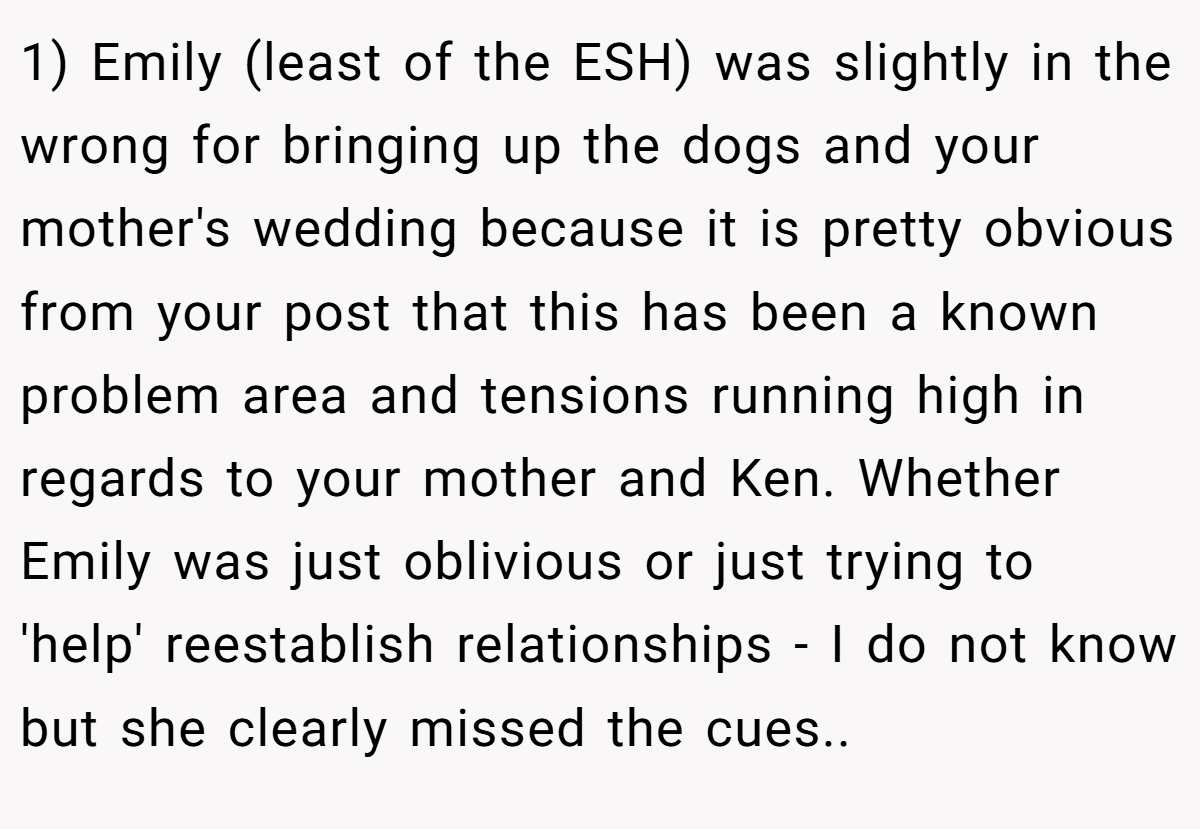 1) Emily (least of the ESH) was slightly in the wrong for bringing up the dogs and your mother's wedding because it is pretty obvious from your post that this has been a known problem area and tensions running high in regards to your mother and Ken. Whether Emily was just oblivious or just trying to 'help' reestablish relationships - I do not know but she clearly missed the cues..