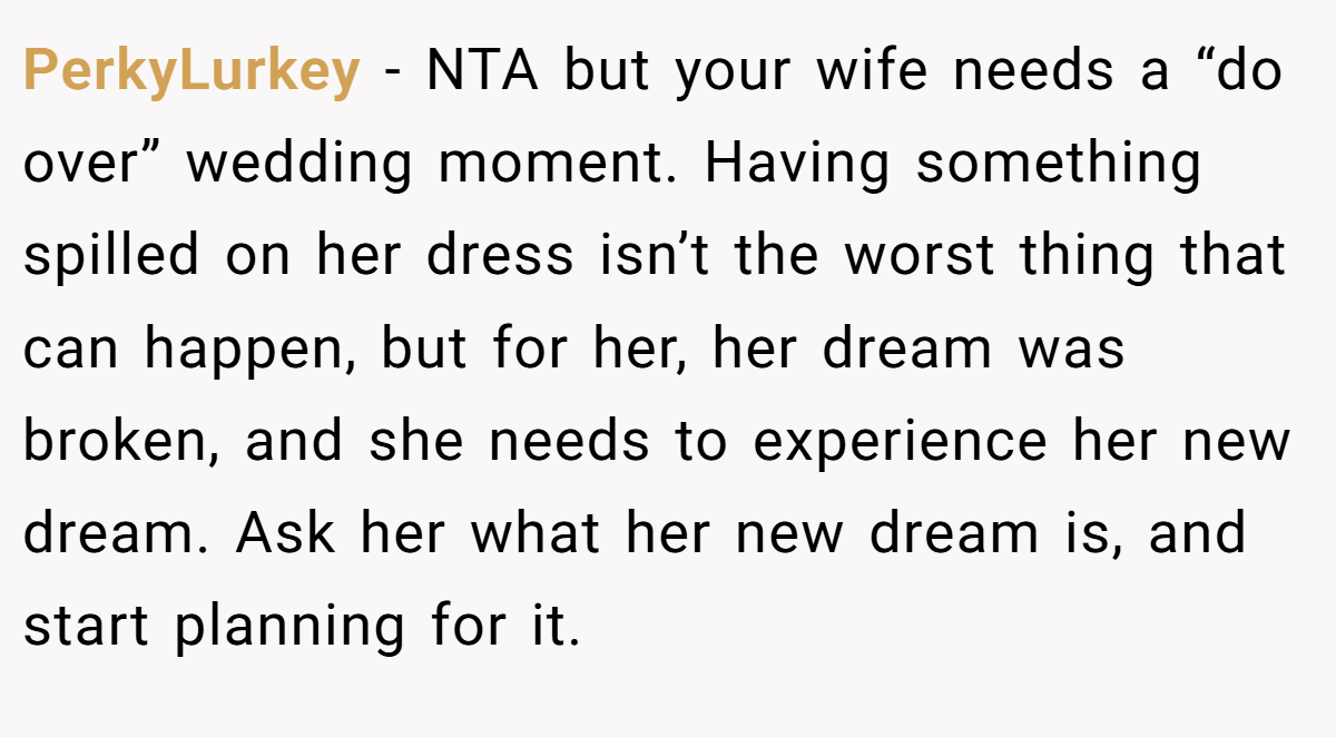 PerkyLurkey − NTA but your wife needs a “do over” wedding moment. Having something spilled on her dress isn’t the worst thing that can happen, but for her, her dream was broken, and she needs to experience her new dream. Ask her what her new dream is, and start planning for it.