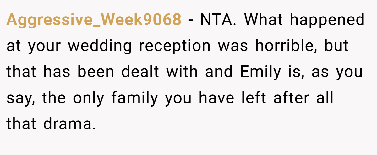 Aggressive_Week9068 − NTA. What happened at your wedding reception was horrible, but that has been dealt with and Emily is, as you say, the only family you have left after all that drama.