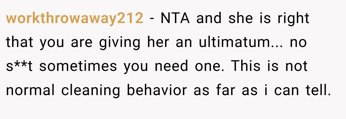 workthrowaway212 − NTA and she is right that you are giving her an ultimatum... no s**t sometimes you need one. This is not normal cleaning behavior as far as i can tell.