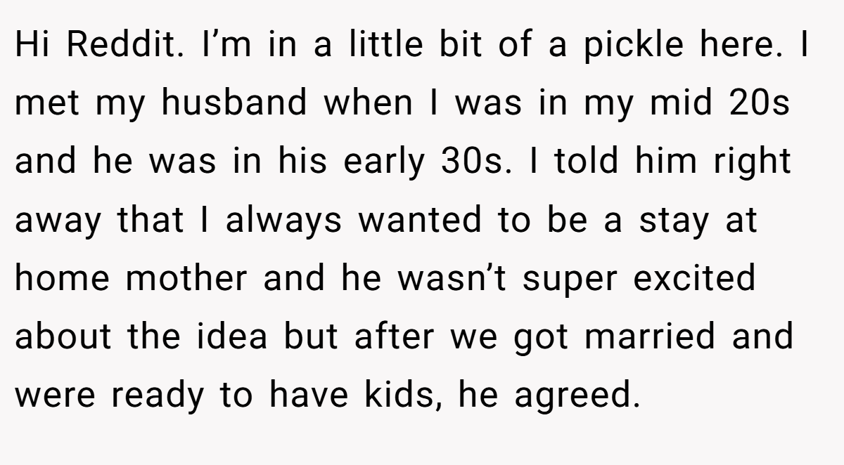 Hi Reddit. I’m in a little bit of a pickle here. I met my husband when I was in my mid 20s and he was in his early 30s. I told him right away that I always wanted to be a stay at home mother and he wasn’t super excited about the idea but after we got married and were ready to have kids, he agreed.