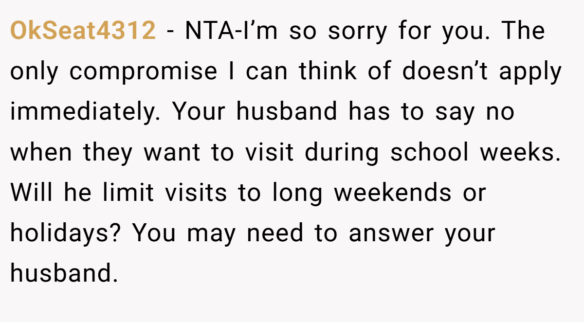 OkSeat4312 − NTA-I’m so sorry for you. The only compromise I can think of doesn’t apply immediately. Your husband has to say no when they want to visit during school weeks. Will he limit visits to long weekends or holidays? You may need to answer your husband.