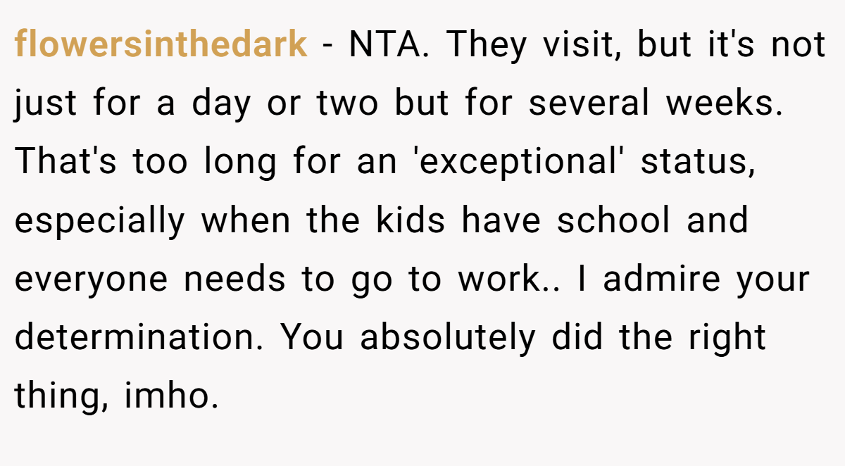 flowersinthedark − NTA. They visit, but it's not just for a day or two but for several weeks. That's too long for an 'exceptional' status, especially when the kids have school and everyone needs to go to work.. I admire your determination. You absolutely did the right thing, imho.