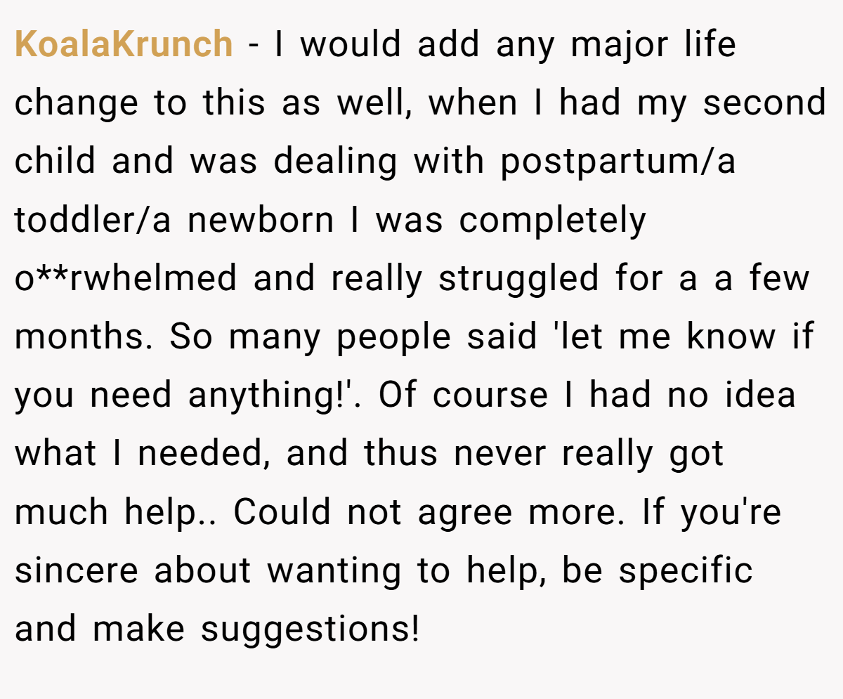 KoalaKrunch − I would add any major life change to this as well, when I had my second child and was dealing with postpartum/a toddler/a newborn I was completely o**rwhelmed and really struggled for a a few months. So many people said 'let me know if you need anything!'. Of course I had no idea what I needed, and thus never really got much help.. Could not agree more. If you're sincere about wanting to help, be specific and make suggestions!