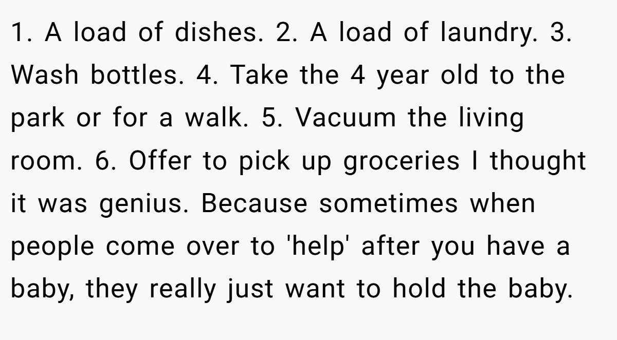1. A load of dishes. 2. A load of laundry. 3. Wash bottles. 4. Take the 4 year old to the park or for a walk. 5. Vacuum the living room. 6. Offer to pick up groceries I thought it was genius. Because sometimes when people come over to 'help' after you have a baby, they really just want to hold the baby.
