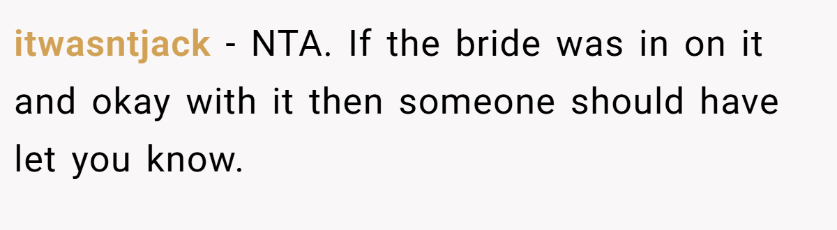 itwasntjack - NTA. If the bride was in on it and okay with it then someone should have let you know.