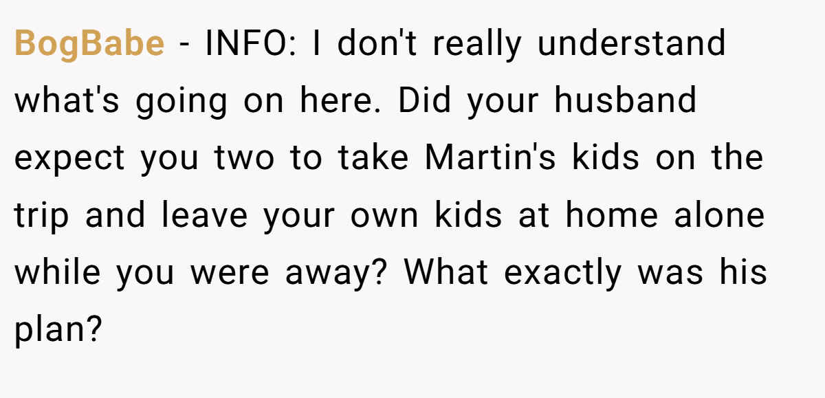 BogBabe − INFO: I don't really understand what's going on here. Did your husband expect you two to take Martin's kids on the trip and leave your own kids at home alone while you were away? What exactly was his plan?