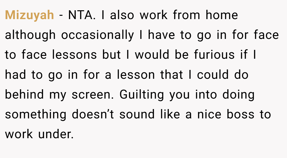 Mizuyah − NTA. I also work from home although occasionally I have to go in for face to face lessons but I would be furious if I had to go in for a lesson that I could do behind my screen. Guilting you into doing something doesn’t sound like a nice boss to work under.