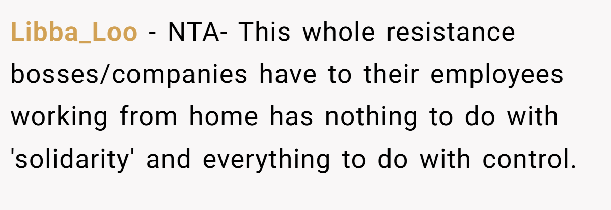 Libba_Loo − NTA- This whole resistance bosses/companies have to their employees working from home has nothing to do with 'solidarity' and everything to do with control.