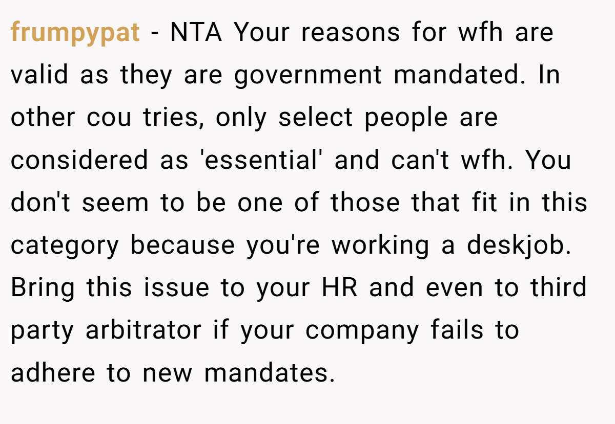 frumpypat − NTA Your reasons for wfh are valid as they are government mandated. In other cou tries, only select people are considered as 'essential' and can't wfh. You don't seem to be one of those that fit in this category because you're working a deskjob. Bring this issue to your HR and even to third party arbitrator if your company fails to adhere to new mandates.