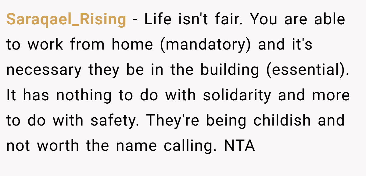 Saraqael_Rising − Life isn't fair. You are able to work from home (mandatory) and it's necessary they be in the building (essential). It has nothing to do with solidarity and more to do with safety. They're being childish and not worth the name calling. NTA