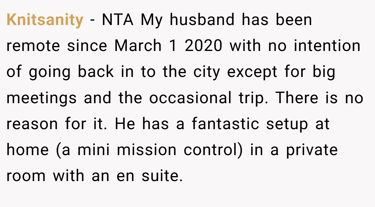 Knitsanity − NTA My husband has been remote since March 1 2020 with no intention of going back in to the city except for big meetings and the occasional trip. There is no reason for it. He has a fantastic setup at home (a mini mission control) in a private room with an en suite.