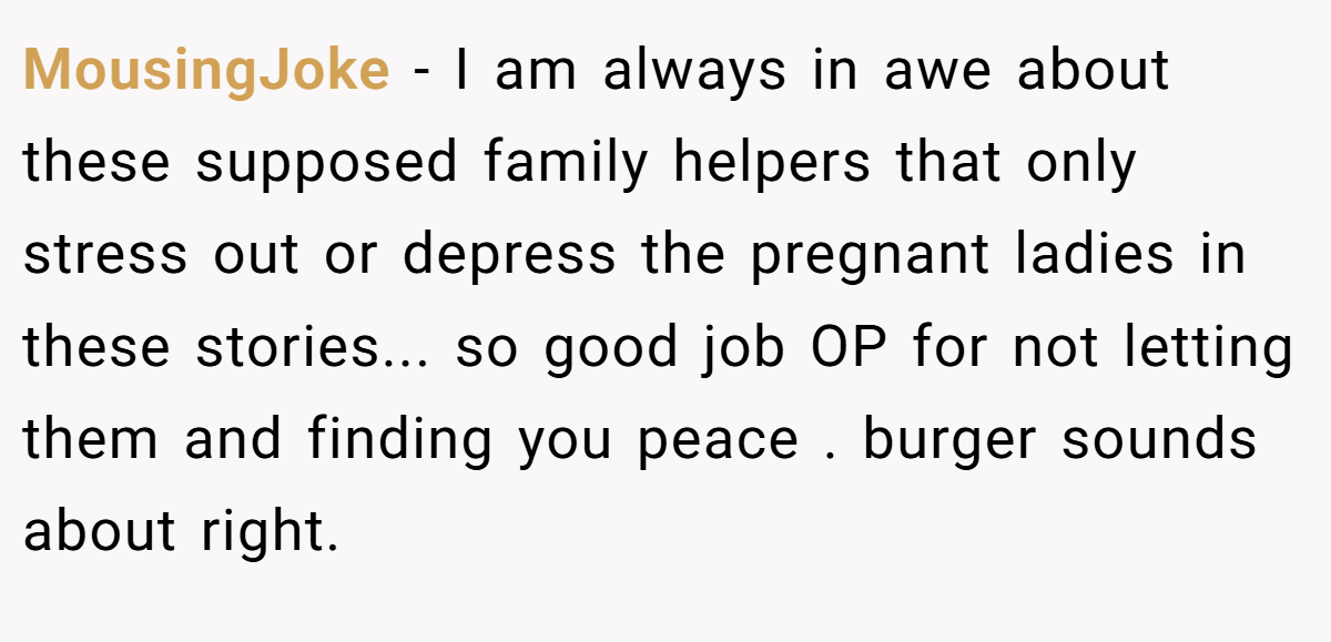 MousingJoke - I am always in awe about these supposed family helpers that only stress out or depress the pregnant ladies in these stories... so good job OP for not letting them and finding you peace . burger sounds about right.