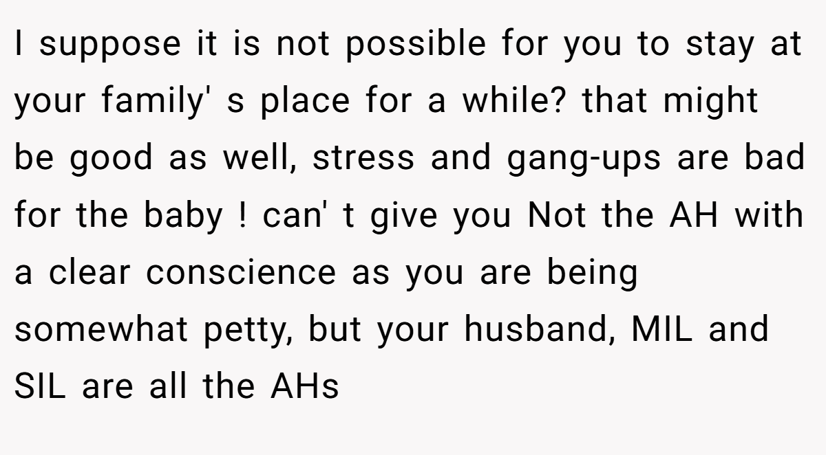 I suppose it is not possible for you to stay at your family' s place for a while? that might be good as well, stress and gang-ups are bad for the baby ! can' t give you Not the AH with a clear conscience as you are being somewhat petty, but your husband, MIL and SIL are all the AHs