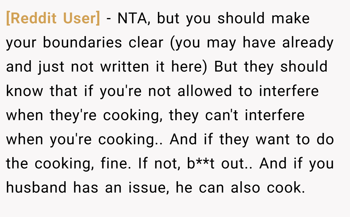 [Reddit User] - NTA, but you should make your boundaries clear (you may have already and just not written it here) But they should know that if you're not allowed to interfere when they're cooking, they can't interfere when you're cooking.. And if they want to do the cooking, fine. If not, b**t out.. And if you husband has an issue, he can also cook.