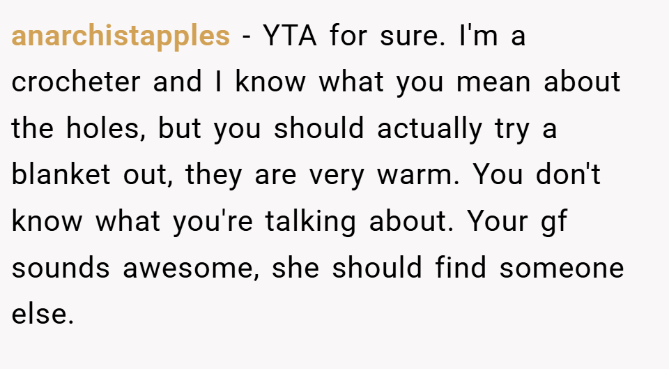 anarchistapples − YTA for sure. I'm a crocheter and I know what you mean about the holes, but you should actually try a blanket out, they are very warm. You don't know what you're talking about. Your gf sounds awesome, she should find someone else.