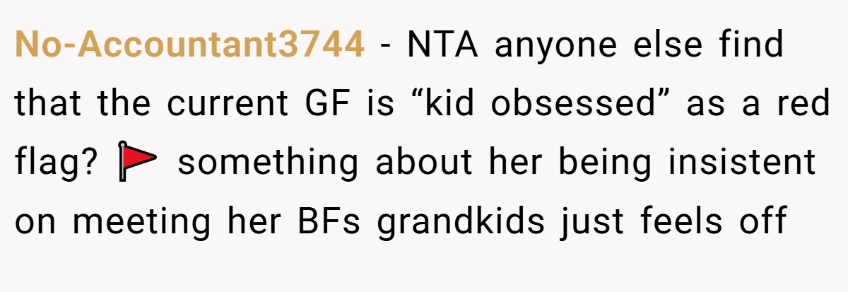 No-Accountant3744 - NTA anyone else find that the current GF is “kid obsessed” as a red flag? 🚩 something about her being insistent on meeting her BFs grandkids just feels off